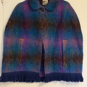 Vintage 70s Strathtay Mohair & Wool Multicolor Poncho Cape with Fringe Scotland